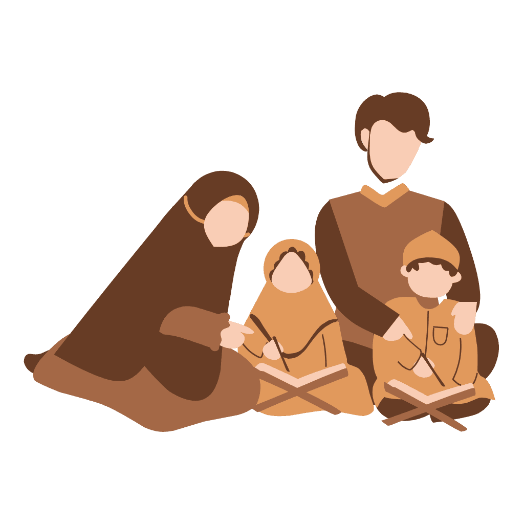 A smiling mother assisting her son during his online Quran class from their home